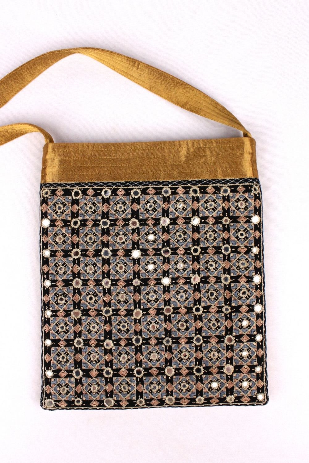 Grey - Handcrafted Kantha Embroidery Cotton & Leather Sling Bag